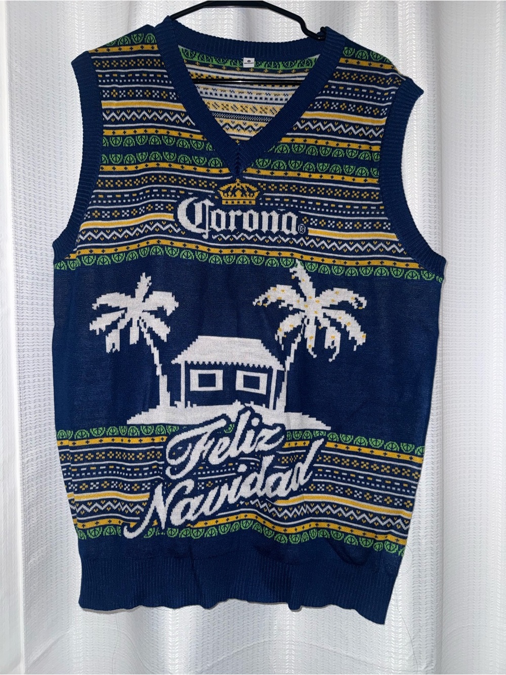 Corona Navy Blue 'Feliz Navidad' V-Neck Sweater Vest ugly Christmas sweater top